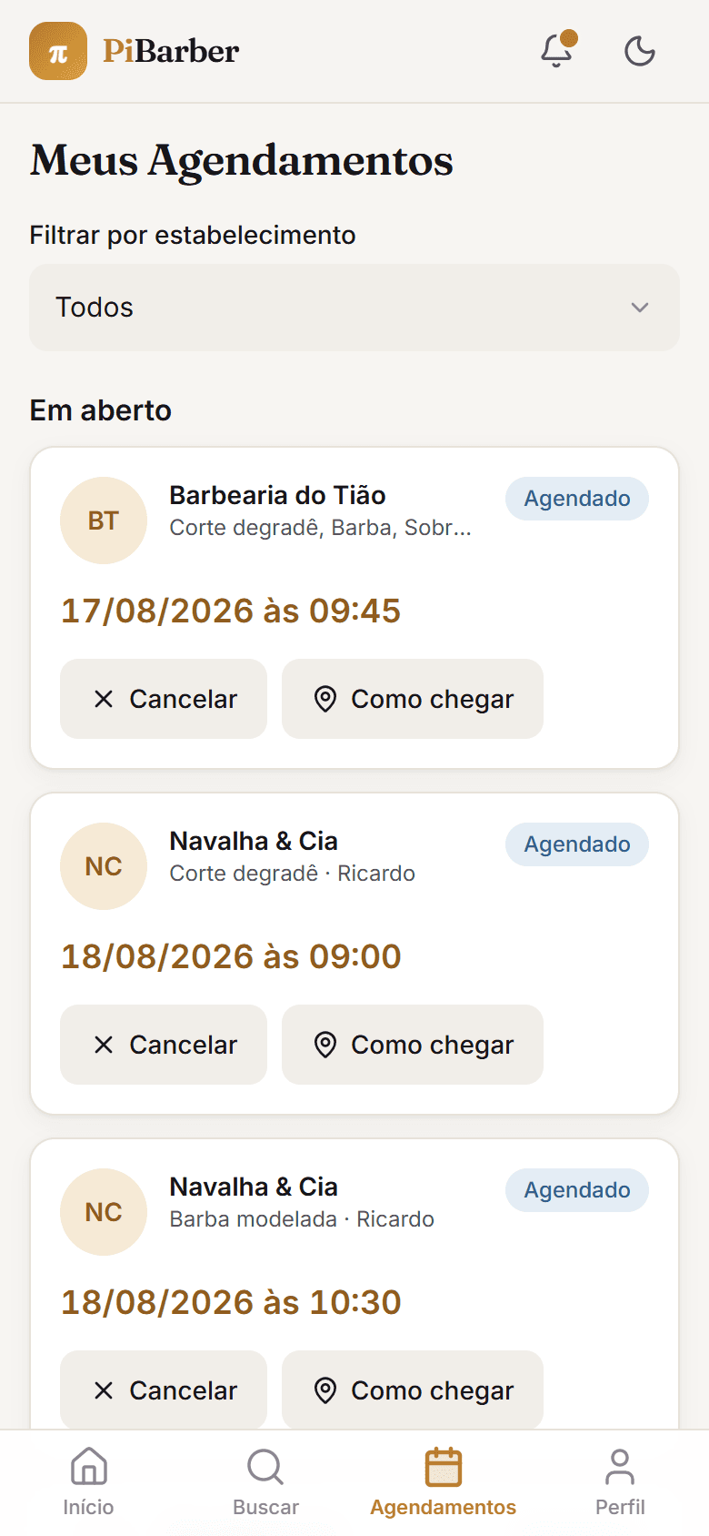 Agendamentos — sou cliente: Marcar, remarcar e cancelar sem falar com ninguém — e sem ocupar o seu telefone no meio do corte.