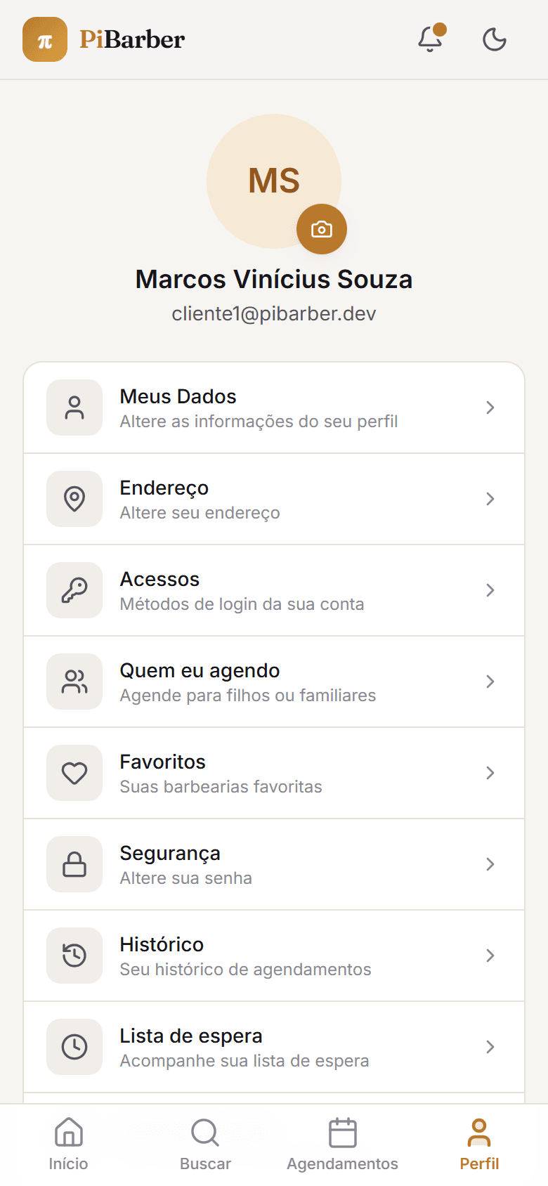 Perfil — sou cliente: Histórico de cortes, barbearias favoritas e lista de espera. Tudo que ele resolve sozinho é uma pergunta que não chega em você.